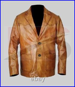 Men's Vintage Brown Leather Blazer Jacket Classic Western 2 Button Coat Formal
