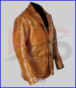 Men's Vintage Brown Leather Blazer Jacket Classic Western 2 Button Coat Formal