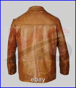 Men's Vintage Brown Leather Blazer Jacket Classic Western 2 Button Coat Formal