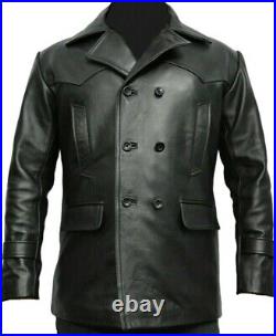 Men's WW2 German Style Pea Coat 100% Genuine Leather Retro Buttoned Black Jacket