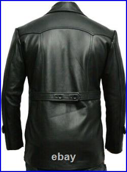 Men's WW2 German Style Pea Coat 100% Genuine Leather Retro Buttoned Black Jacket