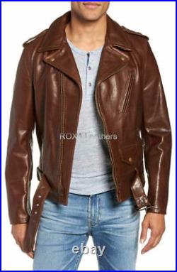 Men's Waist Belted Genuine Sheepskin 100% Leather Jacket Moto Biker Western Coat