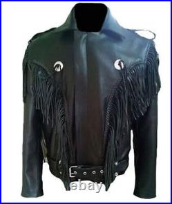 Men's Western American Genuine Cowhide Leather Cowboy Biker Fringed Jacket