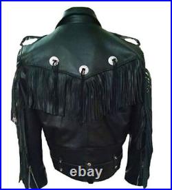 Men's Western American Genuine Cowhide Leather Cowboy Biker Fringed Jacket