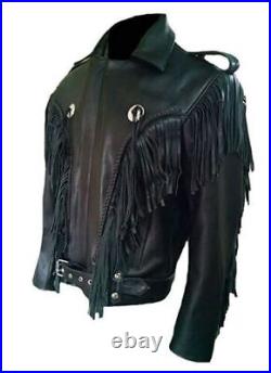 Men's Western American Genuine Cowhide Leather Cowboy Biker Fringed Jacket