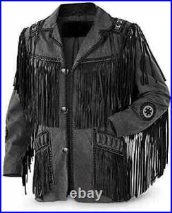 Men's Western American Style Cowboy Leather jacket Fringe Suede Beads Coat-Black