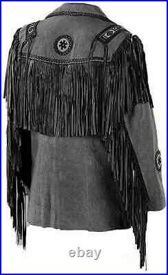 Men's Western American Style Cowboy Leather jacket Fringe Suede Beads Coat-Black