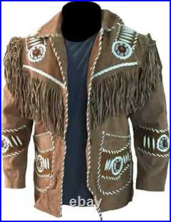 Men's Western American Suede Leather Jacket Cowboy Beaded Bones & Fringed Coat