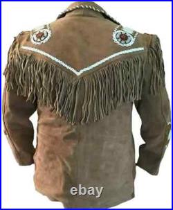 Men's Western American Suede Leather Jacket Cowboy Beaded Bones & Fringed Coat
