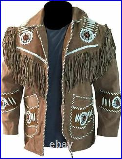 Men's Western American Suede Leather Jacket Cowboy Beads, Bones & Fringed Coat