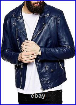 Men's Western Authentic Lambskin Leather Jacket Biker Blue Fashion Designer Coat