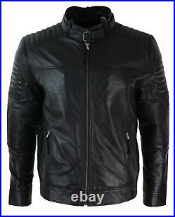 Men's Western Black Pure Genuine Lambskin Leather Jacket Moto Biker Stand Collar