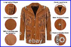 Men's Western Cowboy Classic Tan Suede Leather Beaded Fringe Leather Coat Jacket