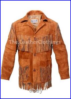 Men's Western Cowboy Fringed Suede Brown Jacket Coat