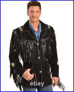 Men's Western Cowboy Jacket Black Suede Leather Coat Jacket Black Fringe Beaded Men's Western Cowboy Jacket Black Suede Leather Coat Jacket Black Fringe Beaded