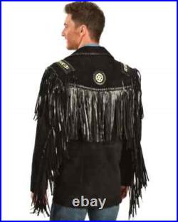 Men's Western Cowboy Jacket Black Suede Leather Coat Jacket Black Fringe Beaded Men's Western Cowboy Jacket Black Suede Leather Coat Jacket Black Fringe Beaded