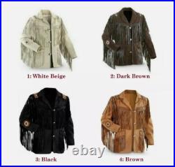 Men's Western Cowboy Leather Jacket Fringed Coat Black XS-5XL
