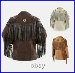 Men's Western Cowboy Leather Jacket Fringed Coat Black XS-5XL