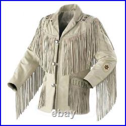 Men's Western Cowboy Leather Jacket Native American Design with Fringed Beads