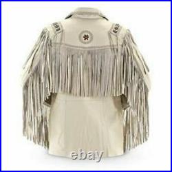 Men's Western Cowboy Leather Jacket Native American Design with Fringed Beads