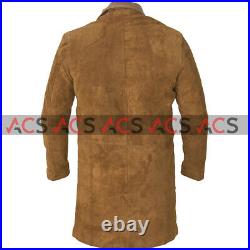Men's Western Cowboy Style Cowhide Suede Leather Long Coat Jacket