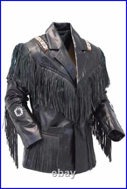 Men's Western Fringe Coat Jacket Bone Beaded Braid Cowhide Black Soft Leather 03