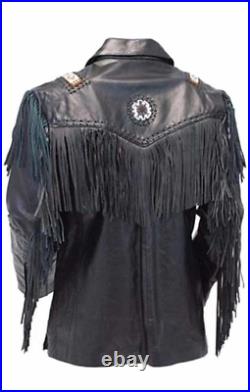 Men's Western Fringe Coat Jacket Bone Beaded Braid Cowhide Black Soft Leather 03