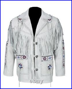 Men's Western Fringe Coat Jacket Bone Beaded Braid Cowhide White Soft Leather 02