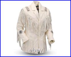 Men's Western Fringe Leather Jacket Beaded Cowboy Coat Native Style Beige