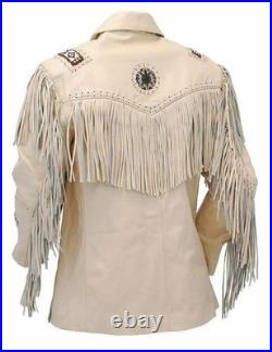 Men's Western Fringe Leather Jacket Beaded Cowboy Coat Native Style Beige