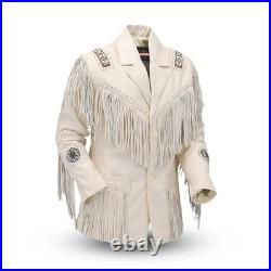 Men's Western Fringe Leather Jacket Beaded Cowboy Coat Native Style Beige