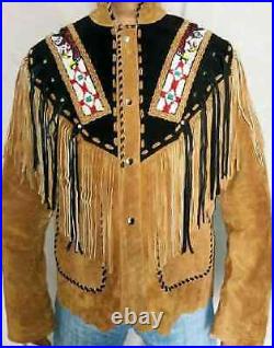 Men's Western Jacket American Eagle Beaded Suede Leather Wear Coat With Fringe