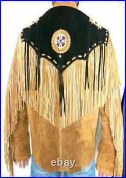 Men's Western Jacket American Eagle Beaded Suede Leather Wear Coat With Fringe