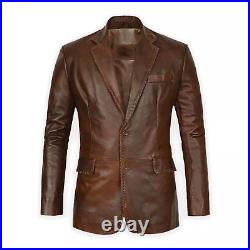 Men's Western Leather Blazer Two Button Classic Vintage Real Brown Medieval Coat