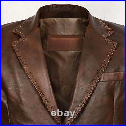 Men's Western Leather Blazer Two Button Classic Vintage Real Brown Medieval Coat