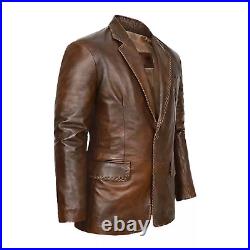 Men's Western Leather Blazer Two Button Classic Vintage Real Brown Medieval Coat