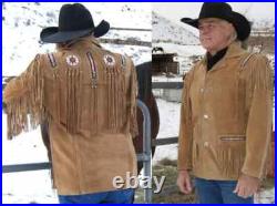 Men's Western Native American Brown Suede Leather Beaded & Fringe Coat Jacket