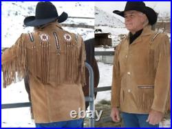 Men's Western Native American Brown Suede Leather Beaded & Fringe Coat Jacket