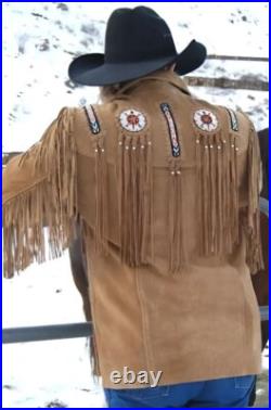 Men's Western Native American Brown Suede Leather Beaded & Fringe Coat Jacket