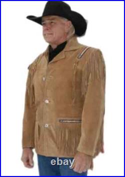 Men's Western Native American Brown Suede Leather Beaded & Fringe Coat Jacket