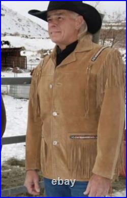 Men's Western Native American Brown Suede Leather Beaded & Fringe Coat Jacket