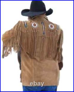 Men's Western Native American Brown Suede Leather Beaded & Fringe Coat Jacket