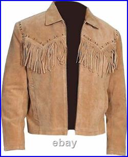 Men's Western Native American Indian Style Suede Leather Fringes Cowboy Jacket