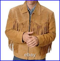 Men's Western Real Leather Coat Special Fringes Work on Front and Back