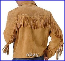 Men's Western Real Leather Coat Special Fringes Work on Front and Back