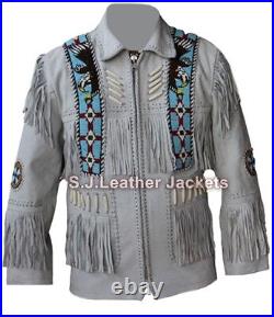 Men's Western Suede Leather Coat Eagle Beads, Fringes & Bones