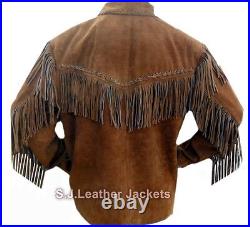 Men's Western Suede Leather Coat Fringed and Bones on Front and Back
