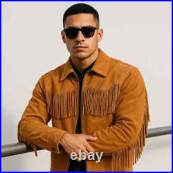 Men's Western Suede Leather Fringe Jacket Brown Cowboy Style Vintage Coat Men's Western Suede Leather Fringe Jacket Brown Cowboy Style Vintage Coat