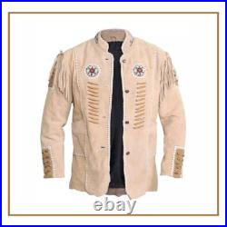 Men's Western Suede Leather Fringe Jacket Native American Cowboy Shirt Style