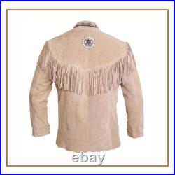 Men's Western Suede Leather Fringe Jacket Native American Cowboy Shirt Style